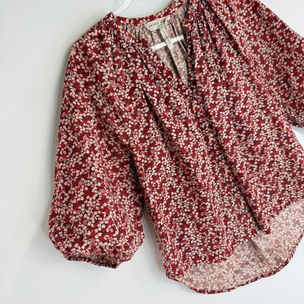 Apiece Apart Mitte Blouse Women S Red Floral Organic Cotton Puff Sleeve Top - Picture 5 of 11